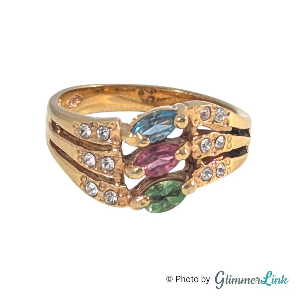VTG Multicolor Crystals Rhinestone Gold Tone Costume Cocktail Ring Size 8 3/4